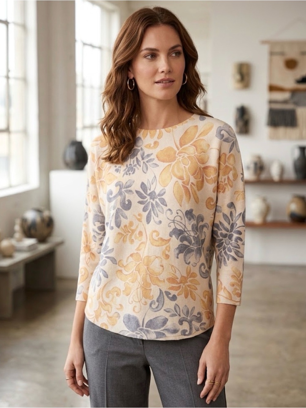 Sioni Cream Floral Lightweight Sweater